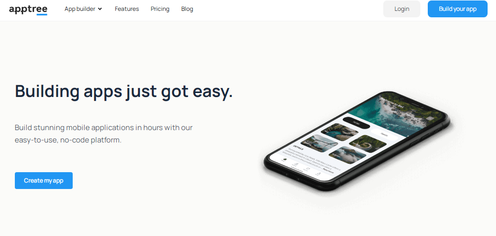 Page d'accueil d'Apptree, une plateforme no-code pour créer des applications mobiles facilement et rapidement.