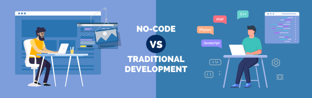 Image comparant le développement no code, rapide et visuel, au développement traditionnel basé sur la programmation.