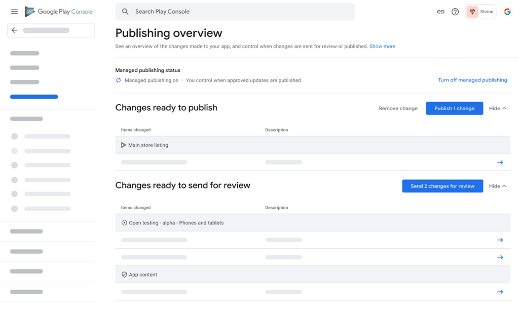 Page d'aperçu de la publication sur Google Play Console montrant les modifications prêtes à être publiées et examinées.