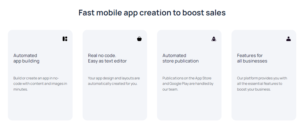 Création rapide d'apps mobiles : génération automatisée, publication simplifiée, et fonctionnalités pour toutes entreprises.