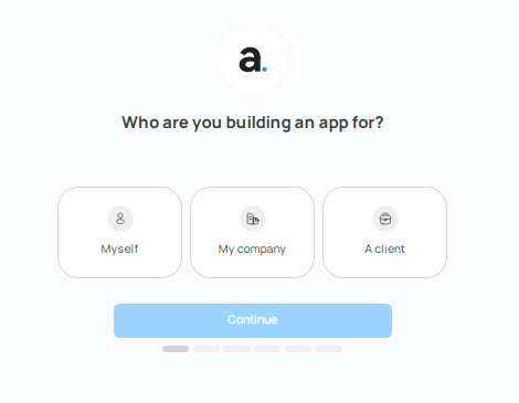 Écran de sélection demandant pour qui l'utilisateur crée une application, avec trois options : Moi-même, Mon entreprise, Un client.