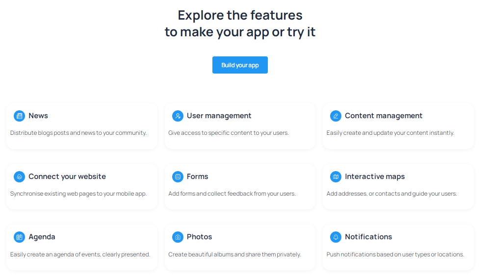Exploration des fonctionnalités pour créer ou tester une application, incluant gestion des utilisateurs, formulaires, et cartes interactives.