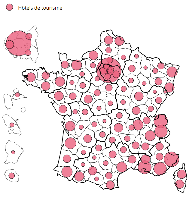 Carte de France montrant la répartition des hôtels de tourisme par département, représentés par des cercles roses.