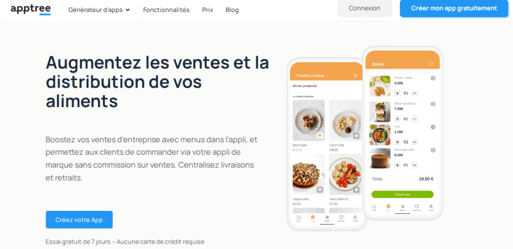 Interface d'Apptree montrant comment augmenter les ventes alimentaires avec une application No Code personnalisée.