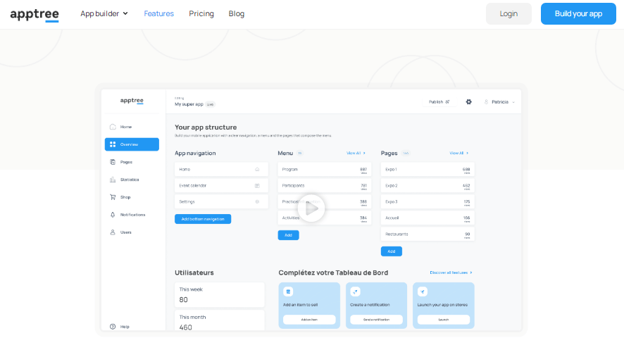 Interface de création d'application sur AppTree, montrant la structure de l'app, la navigation, et les statistiques.